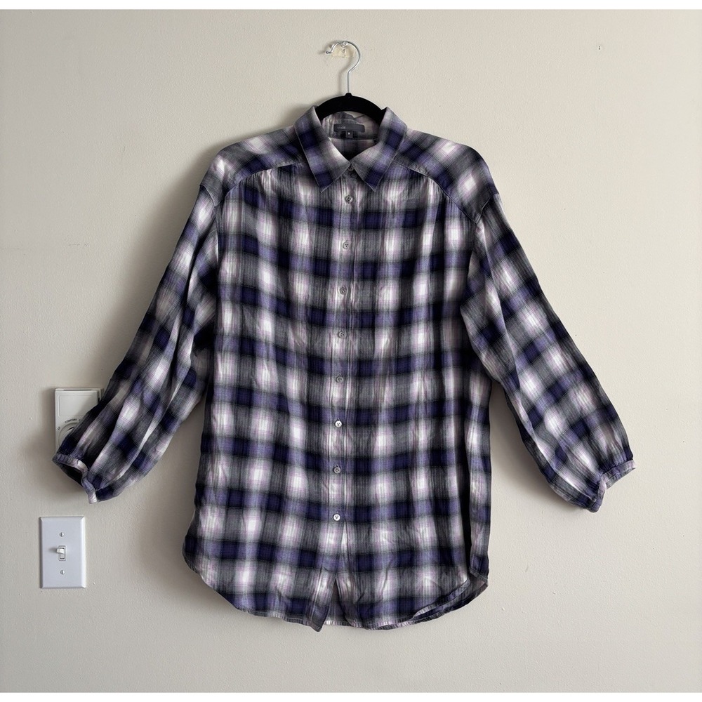 Vince Women's Medium Plaid Tunic Top Black Purple White Cotton Causal Preppy